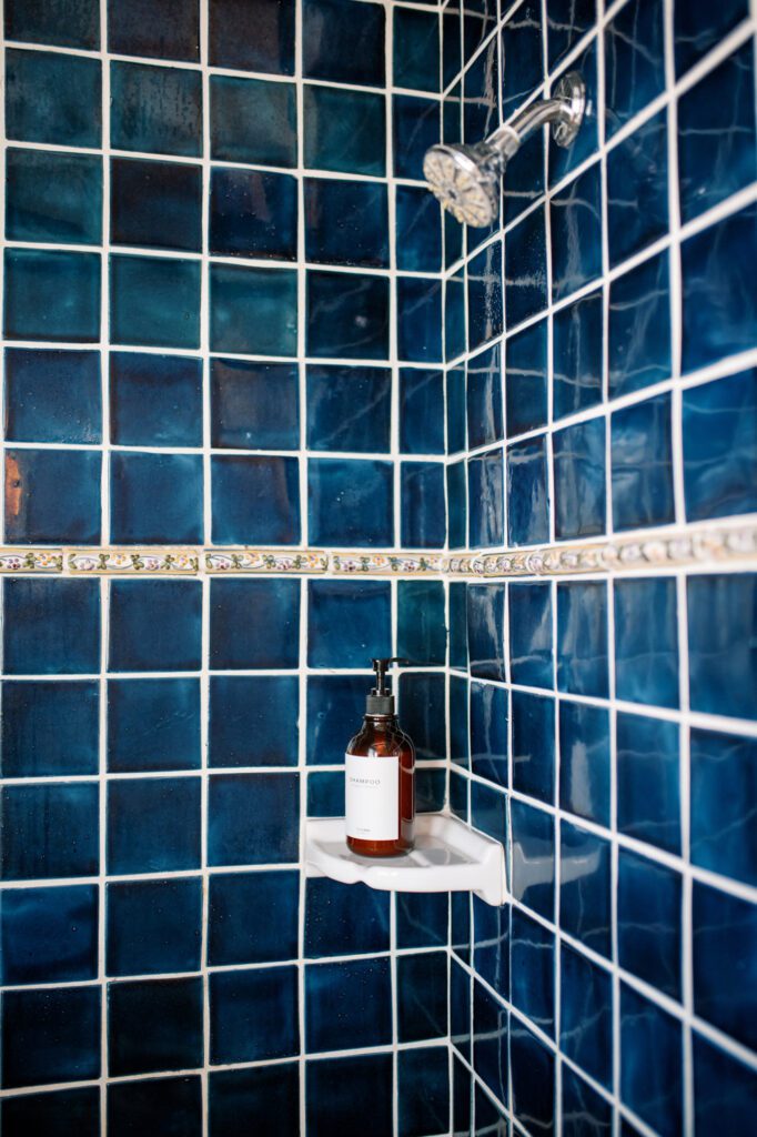 Blue tile shower at Higuera Ranch airbnb luxury house rental surrounded by the san luis obispo hills, two minutes from downtown SLO